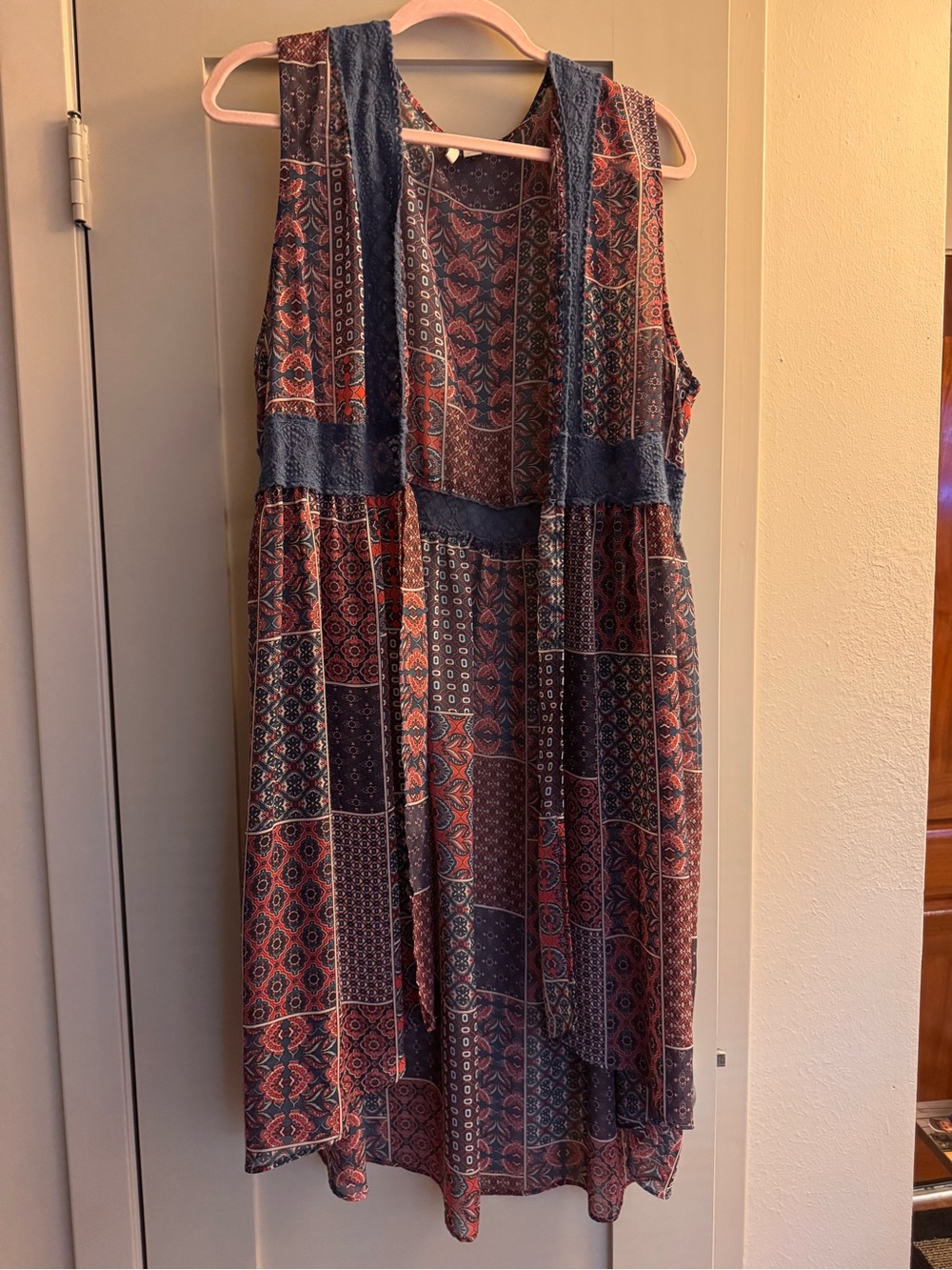 Boho Patchwork Sleeveless Midi Kimono Blue Gray & Rust Size 14-16W